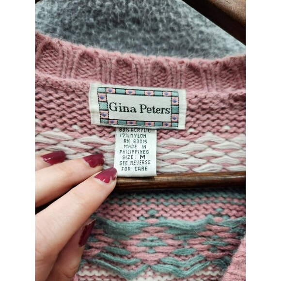 Vintage Gina Peters Pink Sweater Geometric Nordic Pattern Acrylic/Nylon Womens M - Picture 2 of 7